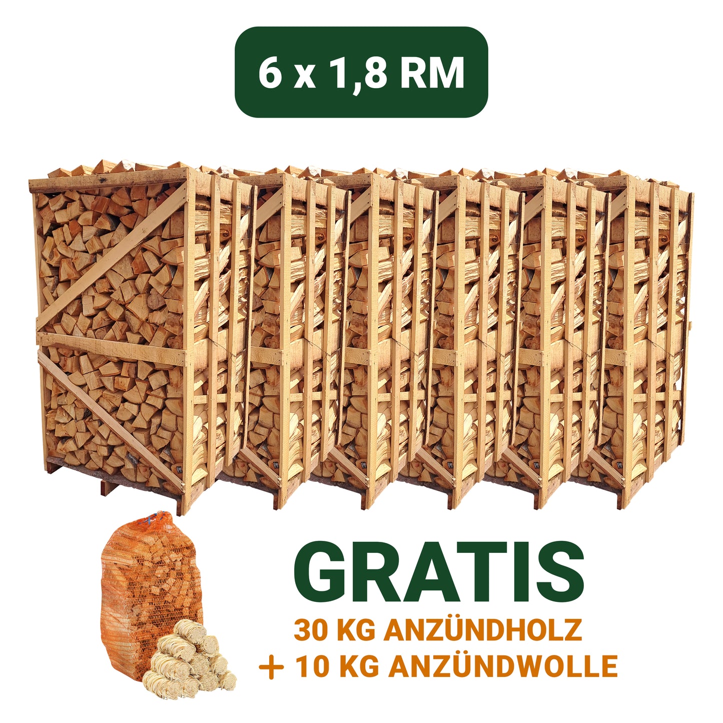 6x 1,8 RM Brennholz (30 KG Anzündholz + 10 KG Anzündwolle Gratis)