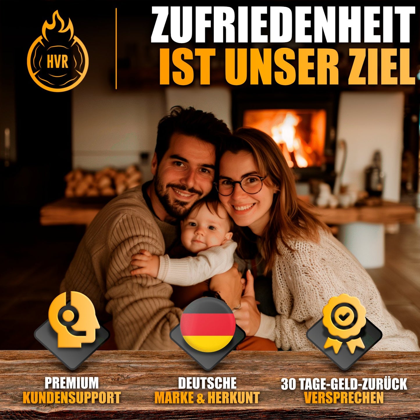 Zufriedene Familie vor Kamin mit HVR Anzündholz – deutsche Marke, Kundenservice & Qualitätsversprechen