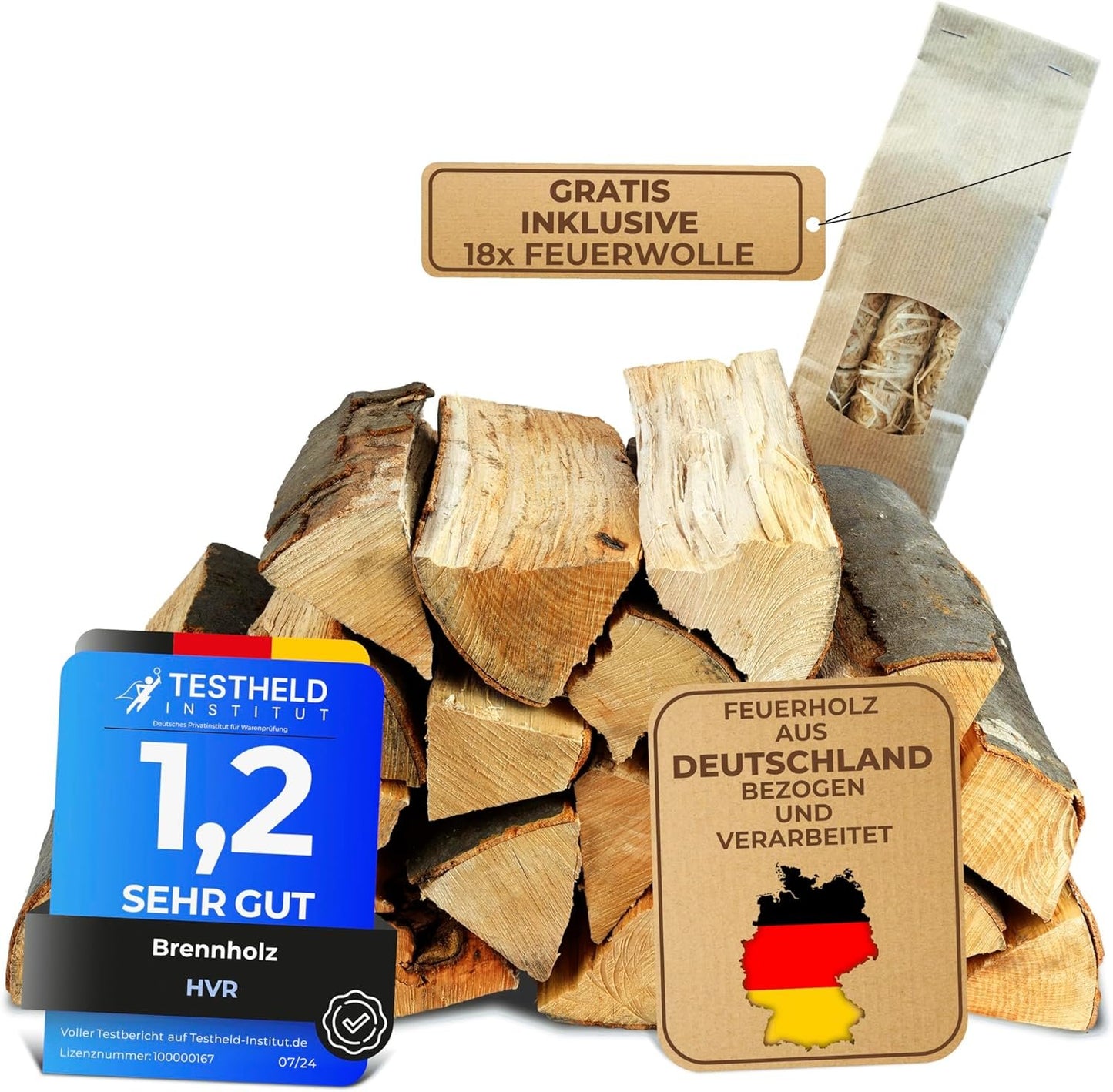 Brennholz Buche im Karton, 25 cm Scheitlänge, inkl. 18x Feuerwolle, geprüft mit Note 1,2