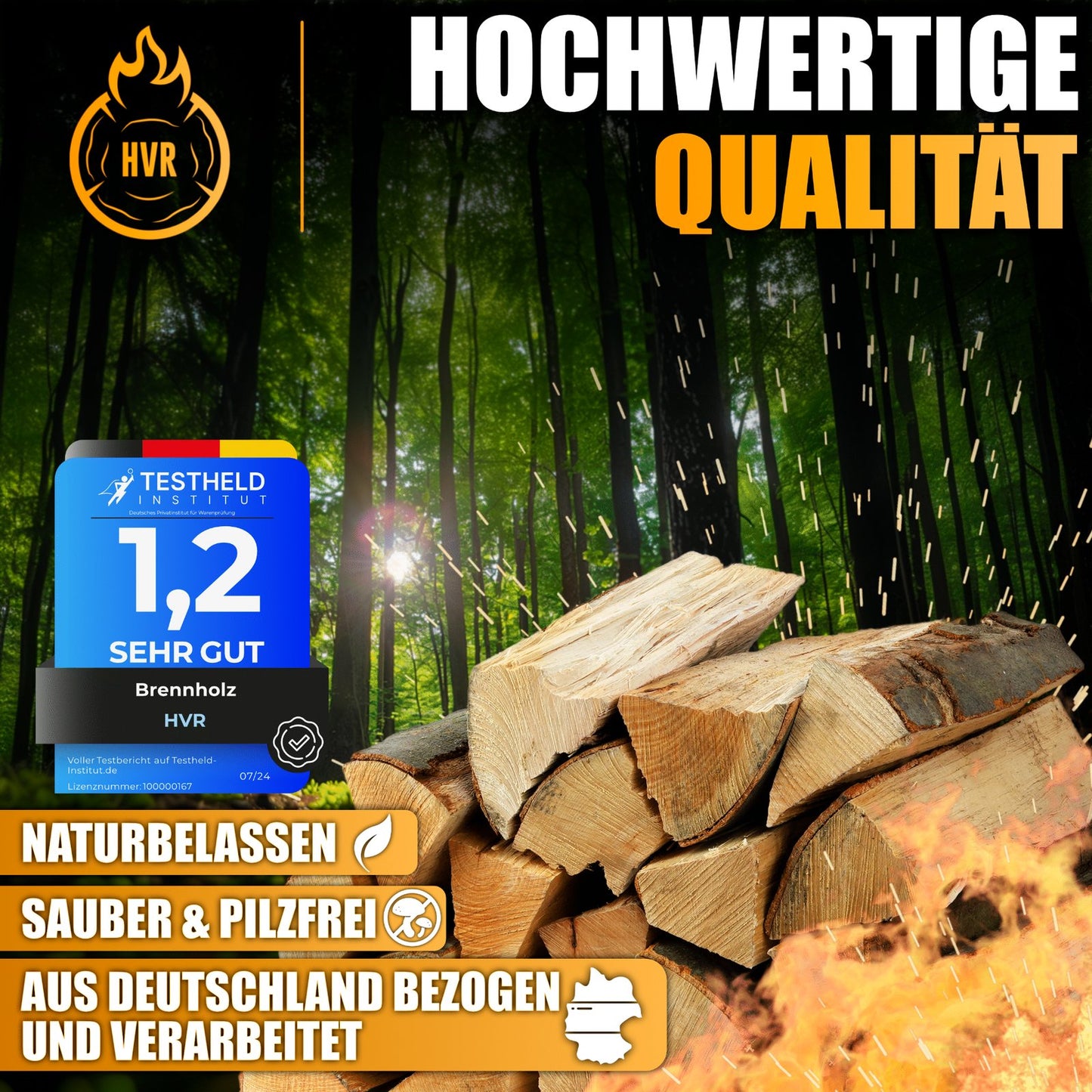HVR Brennholz mit Testheld-Siegel Note 1,2 – sauber, naturbelassen, aus deutscher Produktion