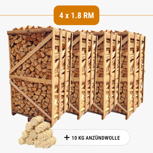 4x 1,8 RM Brennholz (10 KG Anzündwolle Gratis)