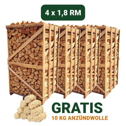 4x 1,8 RM Brennholz (10 KG Anzündwolle Gratis)