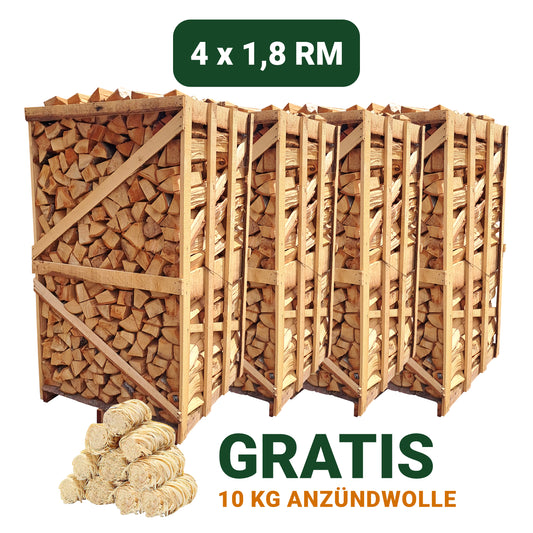 4x 1,8 RM Brennholz (10 KG Anzündwolle Gratis)