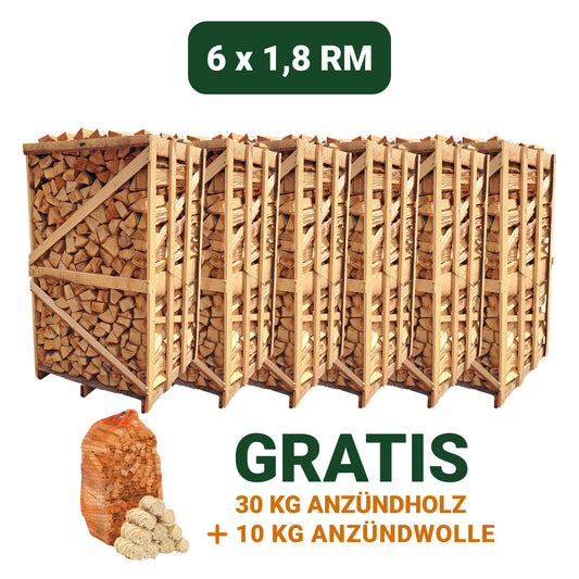 6x 1,8 RM Brennholz (30 KG Anzündholz + 10 KG Anzündwolle Gratis)