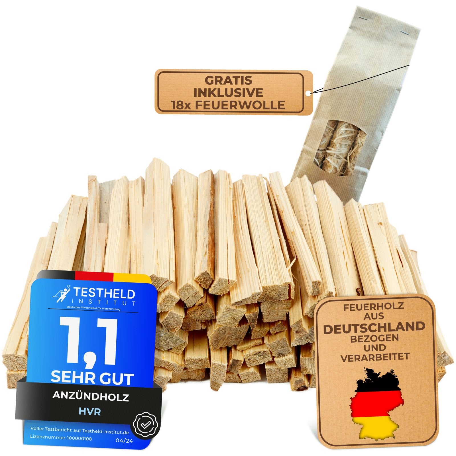 Anzündholz Fichte, 20 cm lang, sauber verarbeitet, inkl. 18x Feuerwolle, aus deutscher Herstellung