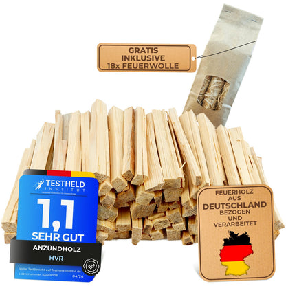 Anzündholz Fichte, 20 cm lang, sauber verarbeitet, inkl. 18x Feuerwolle, aus deutscher Herstellung
