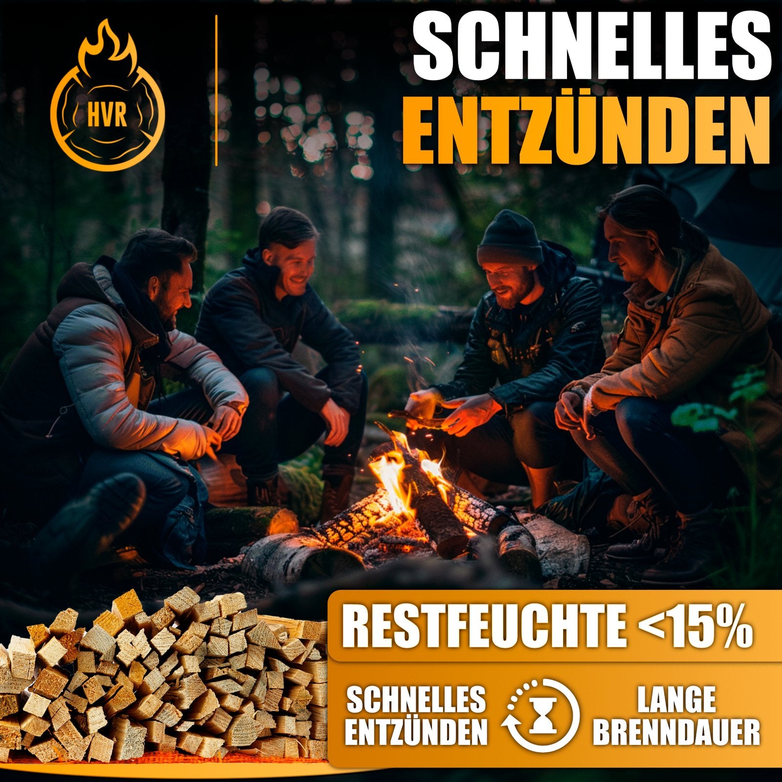 Anzündholz Fichte beim Lagerfeuer – schnelles Entzünden, wenig Rauch, lange Glutdauer unter 15 % Restfeuchte