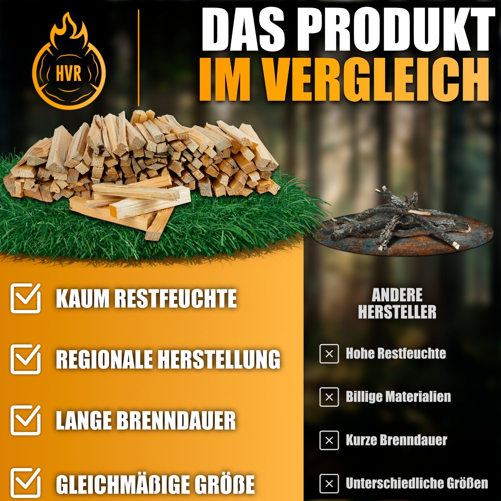 HVR Anzündholz im Qualitätsvergleich – kaum Restfeuchte, gleichmäßige Größe, regionale Herstellung