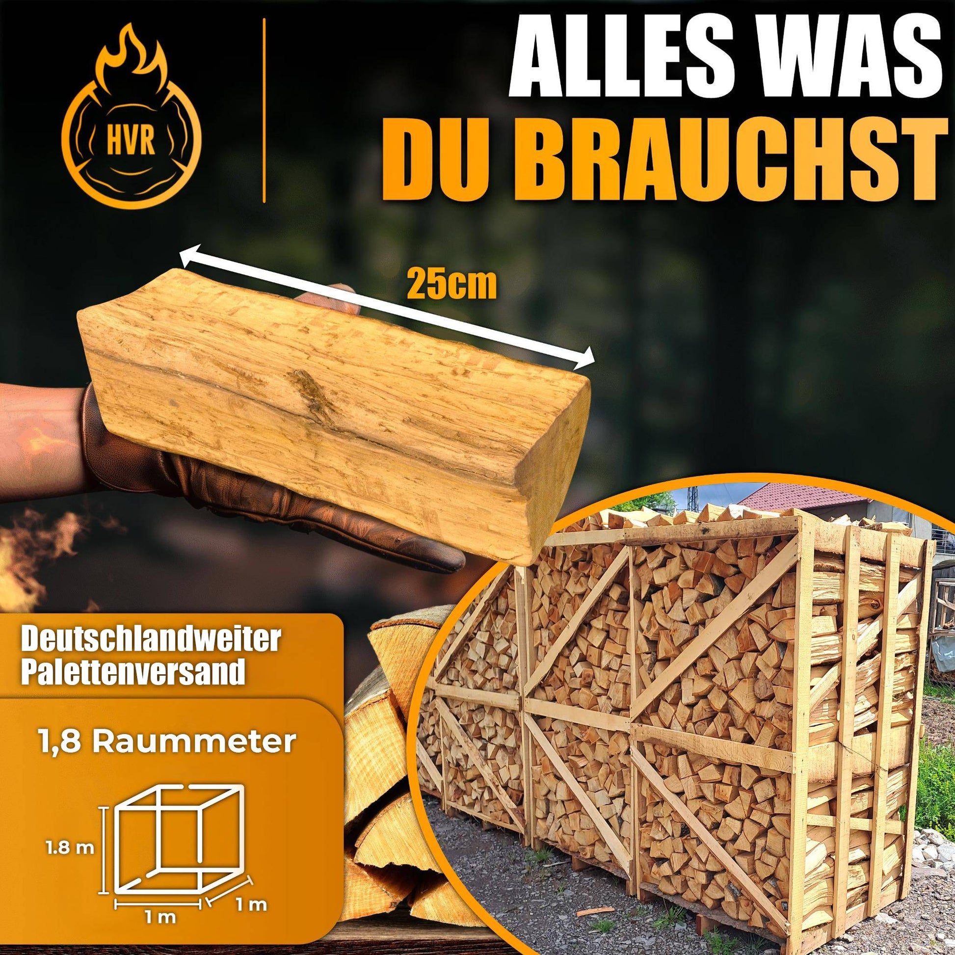 Kammergetrocknetes Brennholz Buche, 25 cm Scheitlänge, 1,8 Raummeter auf Palette