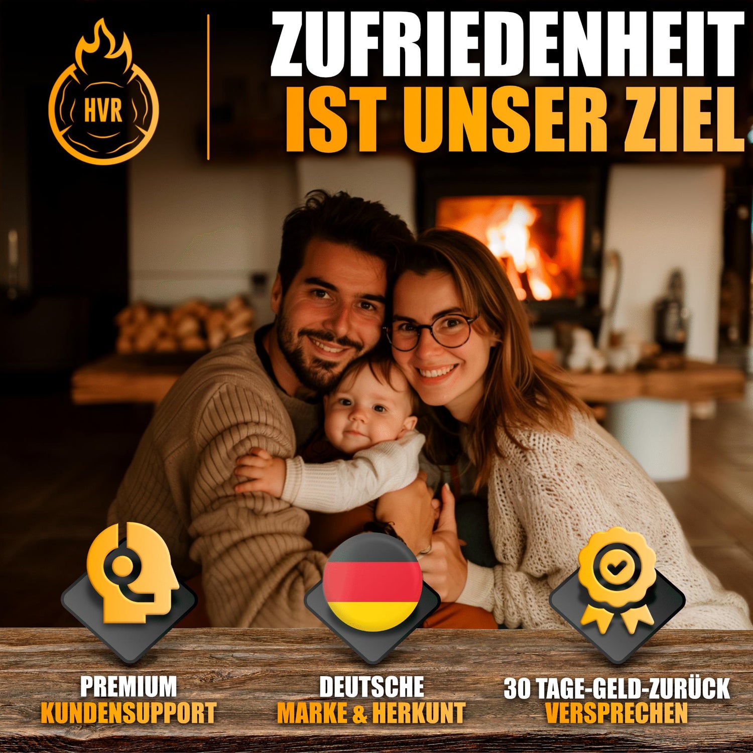 Familie vor Kamin mit HVR Brennholz – deutsche Marke, Premium-Support, 30 Tage Garantie