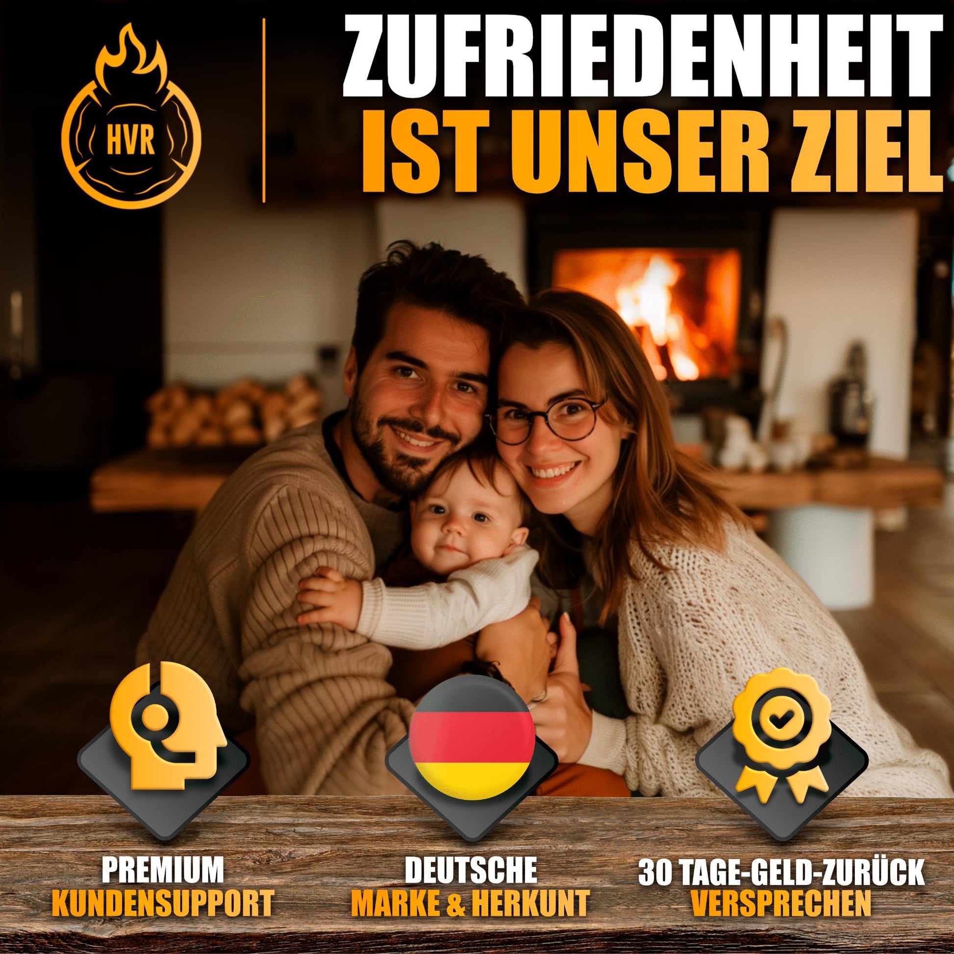 Familie vor Kamin mit HVR Brennholz – deutsche Marke, Premium-Support, 30 Tage Garantie