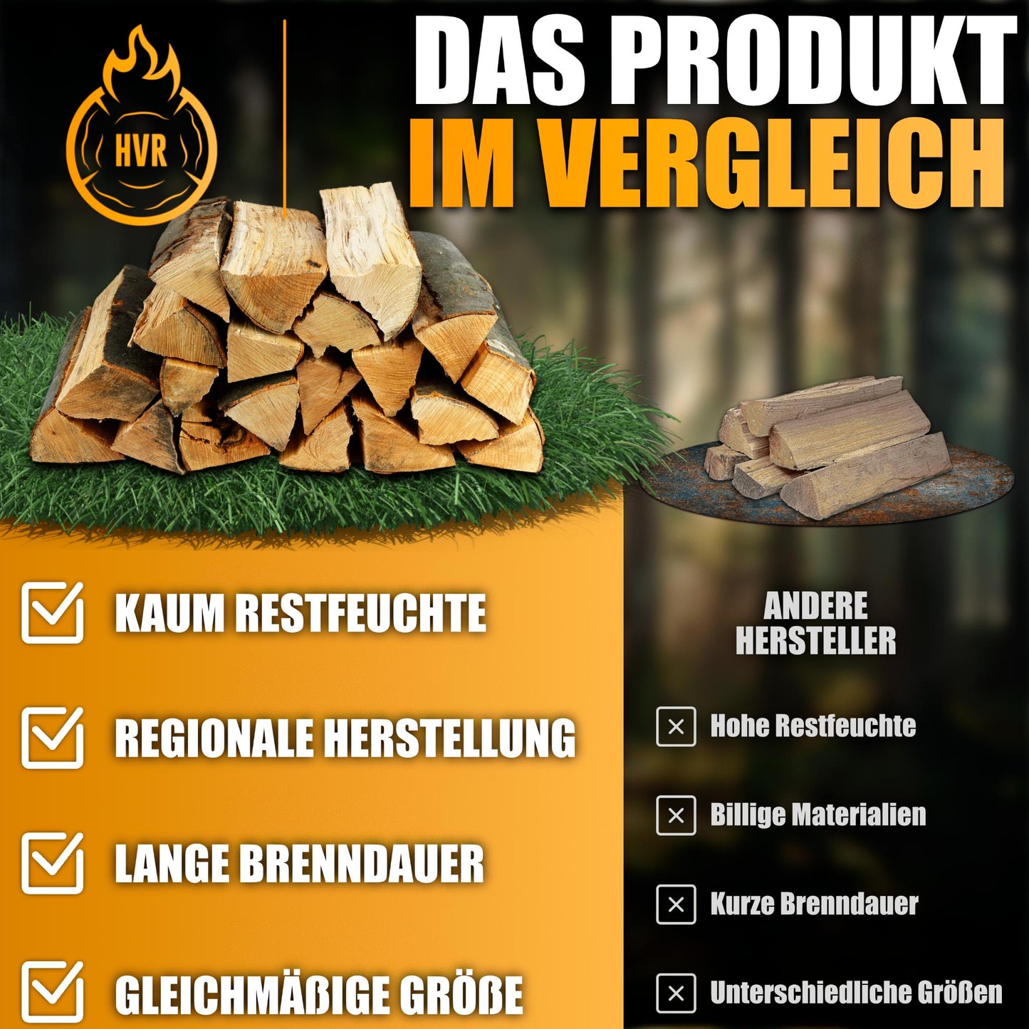Vergleich Brennholz Buche HVR vs andere Hersteller mit Vorteilen wie geringer Restfeuchte, regionaler Herstellung und langer Brenndauer